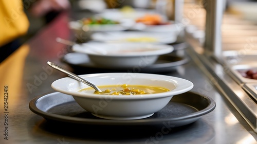 A Selection of Nourishing Soups Served on Plates at a Cafeteria, Enhancing Appetite with Fresh Ingredients and Diverse Flavors