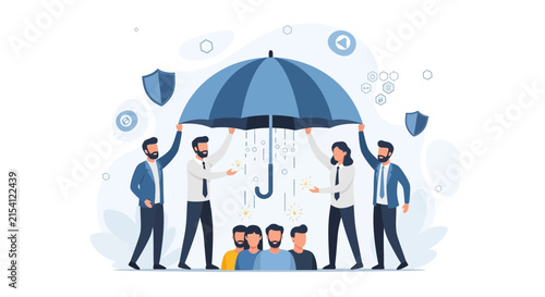 Team Protection: Business People Holding Umbrella Over Group, Symbolizing Security, Insurance, Support, and Safety