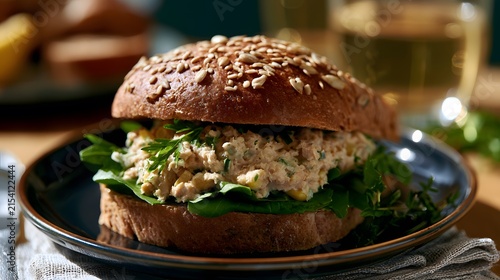 Delicious Whole Grain Sandwich Loaded with Fresh Herbs and Savory Chicken Salad for a Nutritious Meal Option