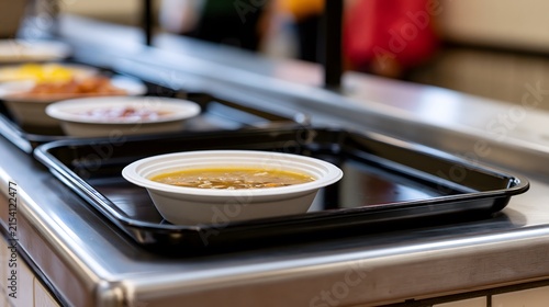 Serving Delicious Comfort Food: A Bowl of Hearty Soup on a Tray at a Cafeteria Line