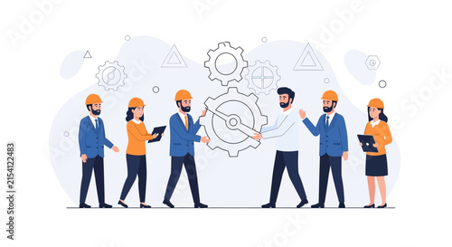 Teamwork and Engineering Collaboration: People working together with gears and tools, symbolizing partnership, industry, and success in a modern flat design style.
