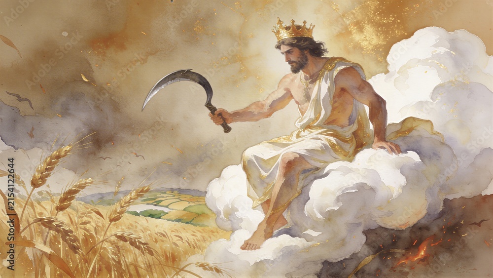Fototapeta premium Man sitting on cloud holding sickle above wheat field. Biblical harvest of the world during the Apocalypse judgment. Artistic representation of Revelation prophecy and spiritual end times.