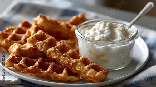 Delicious Golden Waffles Served with Creamy Cottage Cheese for a Perfect Breakfast Delight