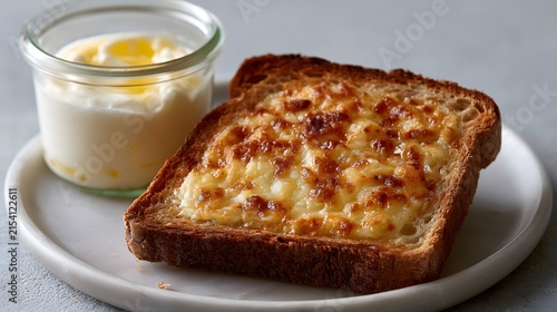 Delicious Toast with Melty Cheese Accompanied by Creamy Yogurt Served on a White Plate for a Satisfying Breakfast Experience