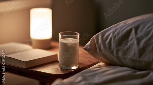 A Cozy Bedroom Scene Featuring a Glass of Milk, a Soft Pillow, and a Warm Glow from a Bedside Lamp for a Relaxing Evening Atmosphere