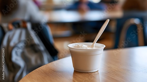 Delicious Cup of Smooth Creamy Dessert Perfectly Placed on a Table in a Casual Dining Environment Filled with People