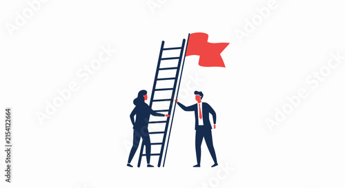 Teamwork and Success: Business people climbing ladder to reach red flag, symbolizing goal achievement and partnership