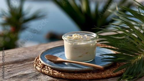 A Beautiful Jar of Creamy Whipped Topping Set on a Rustic Table with Lush Greenery and a Scenic Background of Water and Tropical Plants