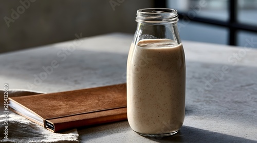 A Rustic Glass Jar of Creamy Smooth Beverage Resting on a Minimalist Surface with a Brown Notebook Nearby, Bathed in Soft Natural Light