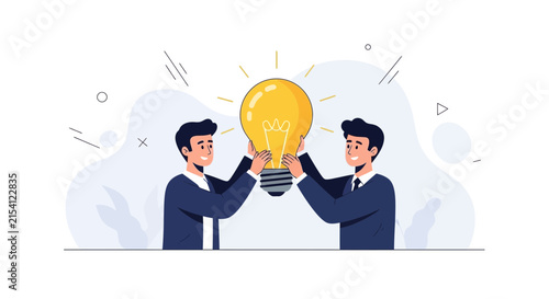 Teamwork Inspires Brilliant Ideas: Two Businessmen Holding a Glowing Light Bulb