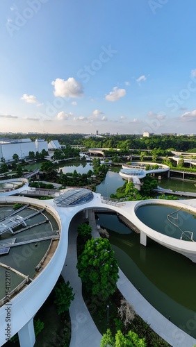 Aerial view of modern highway interchange with green spaces.