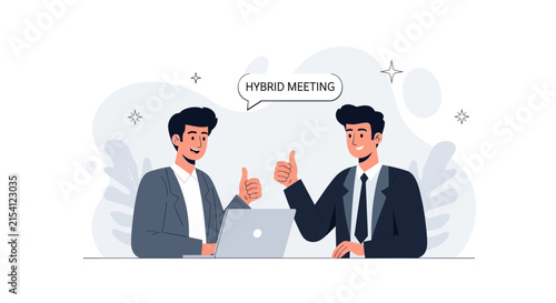 Two businessmen giving thumbs up during a hybrid meeting, discussing business success with a laptop on the table.