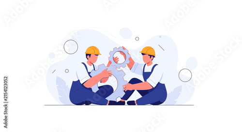 Two engineers working together to assemble a gear, symbolizing teamwork, collaboration, and engineering solutions in a modern flat design style.