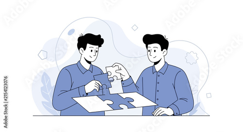 Two men collaborating on a jigsaw puzzle, symbolizing teamwork, problem-solving, and success in a modern vector illustration.