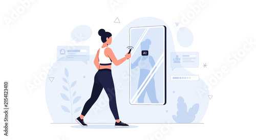 Woman Using Smart Mirror with AI for Fitness Training and Health Tracking