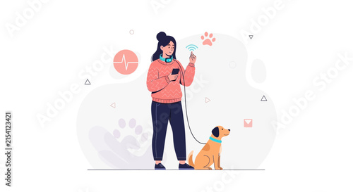 Woman Using Smart Pet Tracker App on Phone While Walking Dog with Health Monitoring Features