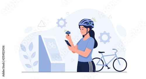 Woman using smartphone and smart helmet for bike sharing service, eco-friendly urban transport and technology
