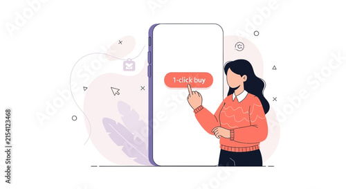 Woman Using Smartphone for One-Click Purchase: Modern E-commerce and Mobile Shopping Illustration