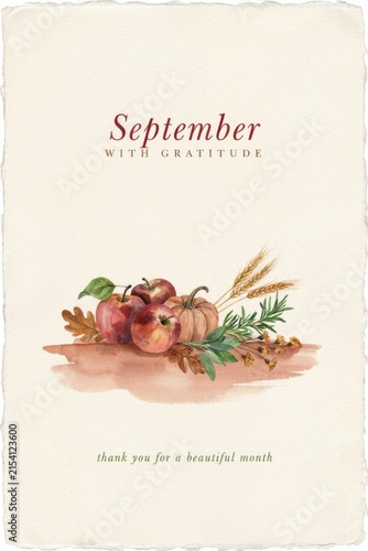 September brings gratitude with autumn fruits and plants in a warm, simple design. Organic September