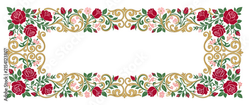 Ornate Floral Border with Red Roses and Golden Swirls, Isolated