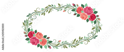 Oval Floral Frame Border with Roses and Leaves on Transparent Background