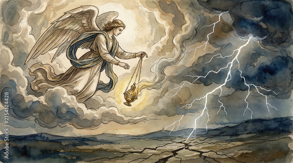 Fototapeta premium Angel holding golden censer above stormy landscape with lightning. Biblical scene of revelation and judgment. Artistic illustration representing apocalyptic prophecy and divine wrath.