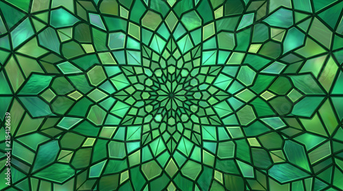 Green Stained Glass Geometric Pattern with Intricate Mosaic Design and Radial Symmetry Featuring Art, Decorative, Abstract