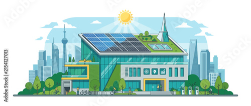 Sustainable Green City Building with Solar Panels and Rooftop Garden