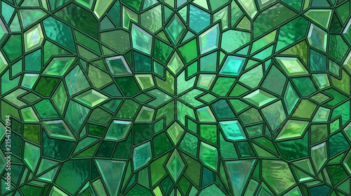 Stained Glass Background Pattern with Green Geometric Shapes and Black Lead Lines Featuring Mosaic, Design, Abstract