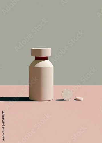 White bottle with a red cap on a light pink background. the bottle is cylindrical in shape and appears to be made of ceramic or porcelain.