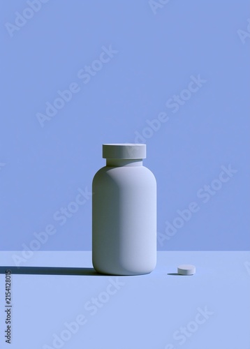 White plastic bottle with a white cap on a light blue background. the bottle is empty and is placed on a flat surface.