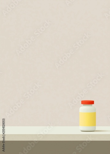 Small white jar with a red lid on a white surface. the jar is cylindrical in shape and has a yellow stripe running down the middle. the lid is slightly open, revealing the contents inside.