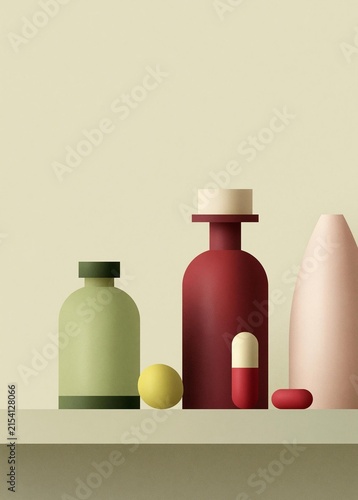 Illustration of three objects on a beige background. on the left side, there is a green glass bottle with a white cap. next to it, there are two red bottles with white caps.