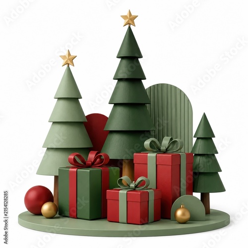 Christmas trees and red gift boxes on a green round base