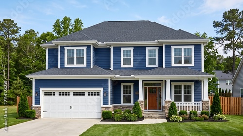 New construction blue exterior home with white garage doors, blue siding