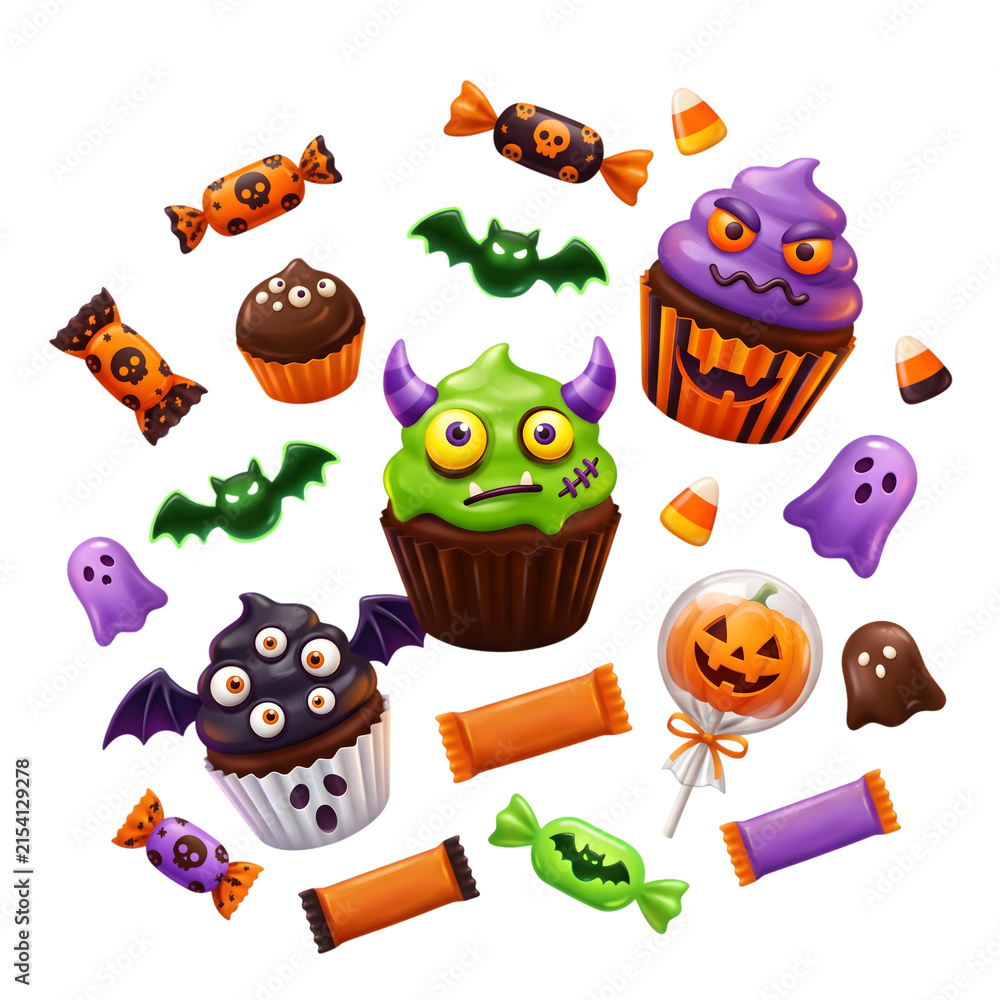 Obraz premium Halloween Monster Cupcake and Scattered Candies