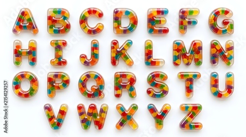 Full english alphabet letters formed by various fresh raw vegetables and fruits isolated on white background for healthy food and nutrition design projects