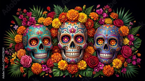 Colorful painted sugar skulls among floral wreath arrangement with colorful painting tradition