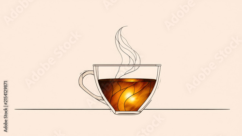 Tea cup illustration with steam on beige background