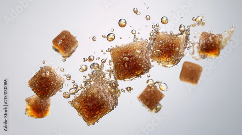 Sugar cubes splashing with bubbles on white background