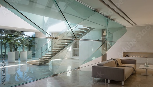 Modern minimalist office interior with glass walls and furniture.