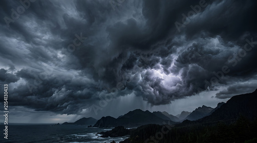 Obraz na płótnie Dramatic storm clouds with lightning flash over dark mountain range and ocean coastline
