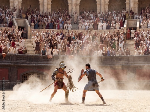 Gladiators clash in the dust of the Roman Colosseum, cheered by a roaring crowd.