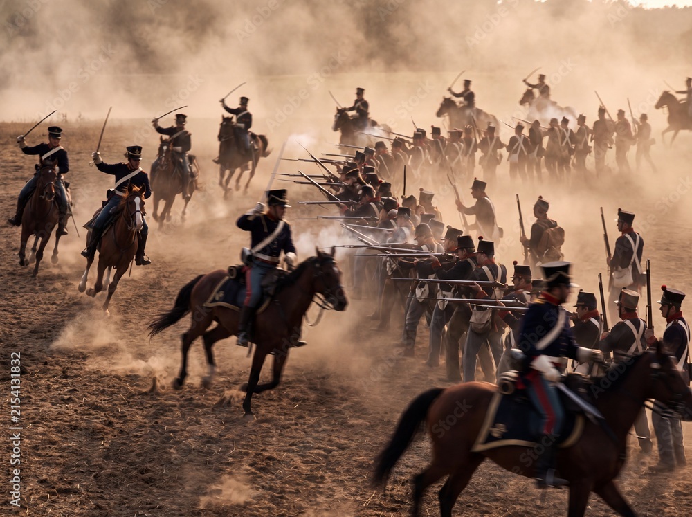 Obraz premium Historical reenactment of a cavalry charge flanking enemy infantry during a dusty battle.