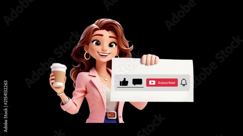 Animated Woman Holding Coffee and Social Media Like Button Sign