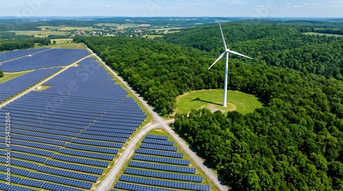 Cuadro en lienzo Aerial view of solar panels farm and wind turbine near forest in nature