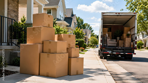 Moving Day in a Sunny Suburban Neighborhood with Stacked Boxes and Truck