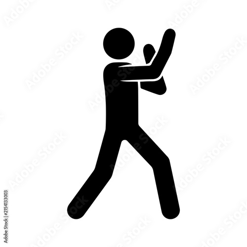 Stickman defending pose, blocking attack, protection gesture, martial arts training, self defense concept, fighting silhouette, safety and danger awareness, black vector icon illustration.