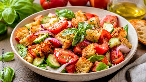 Vibrant Italian Panzanella Salad with Fresh Vegetables and Crispy Croutons