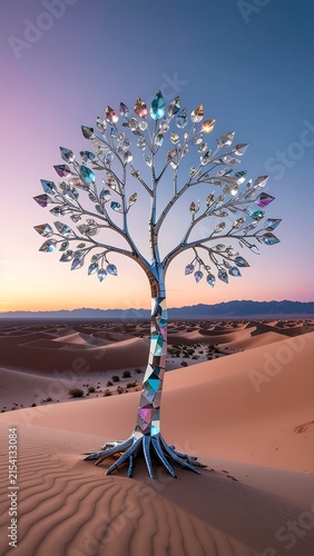 Solitary tree standing in vast desert landscape at sunrise.